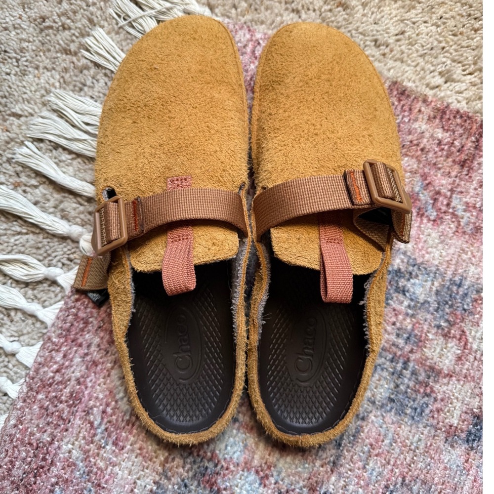 Chaco Paonia Clog Suede Wool Womens 12 Caramel Brown Cozy Slip on Leather Mules